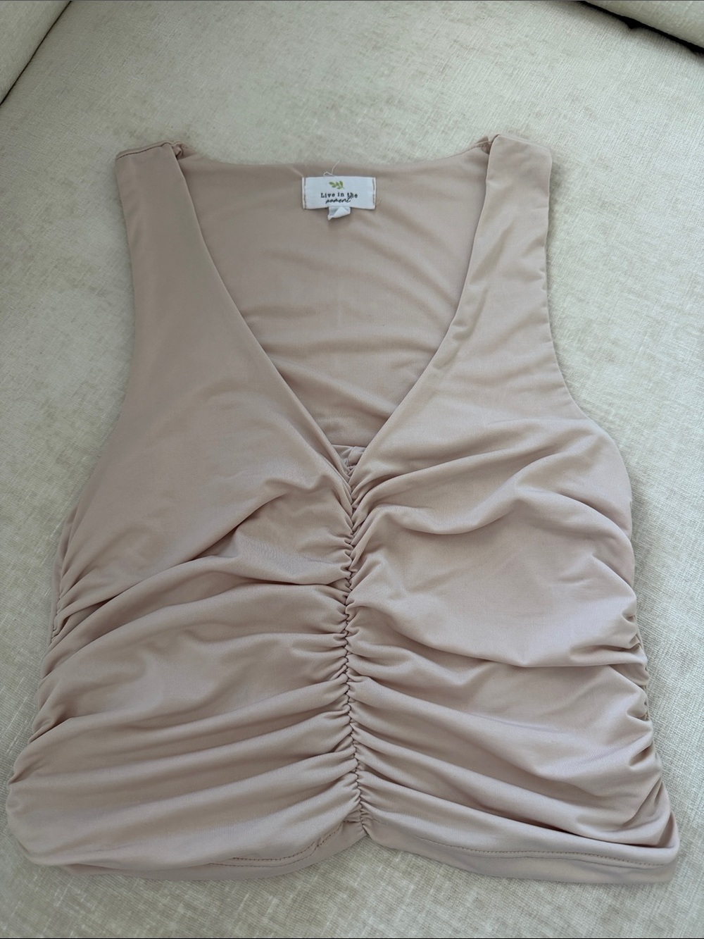 Live in the Moment Ruched V-Neck Crop Top - Beige